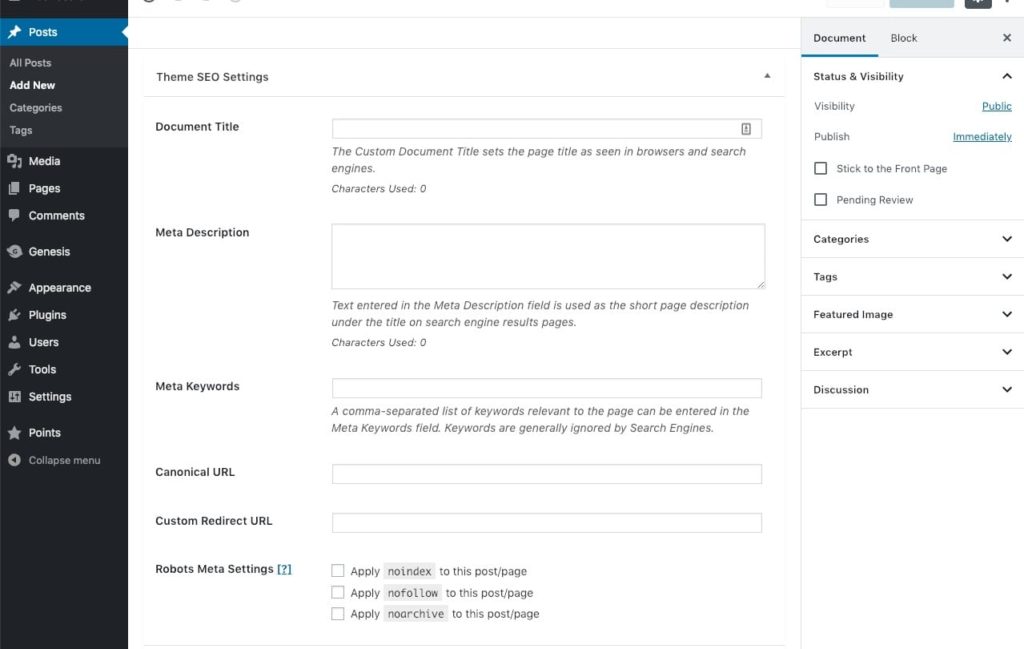 WordPress Gutenberg post editor with Genesis SEO enabled
