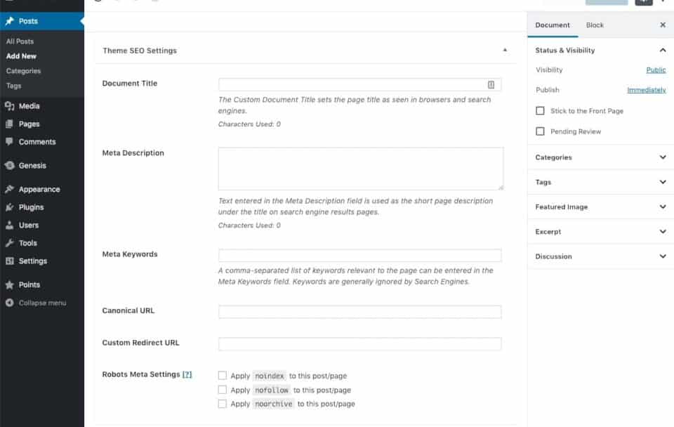 WordPress Gutenberg post editor with Genesis SEO enabled