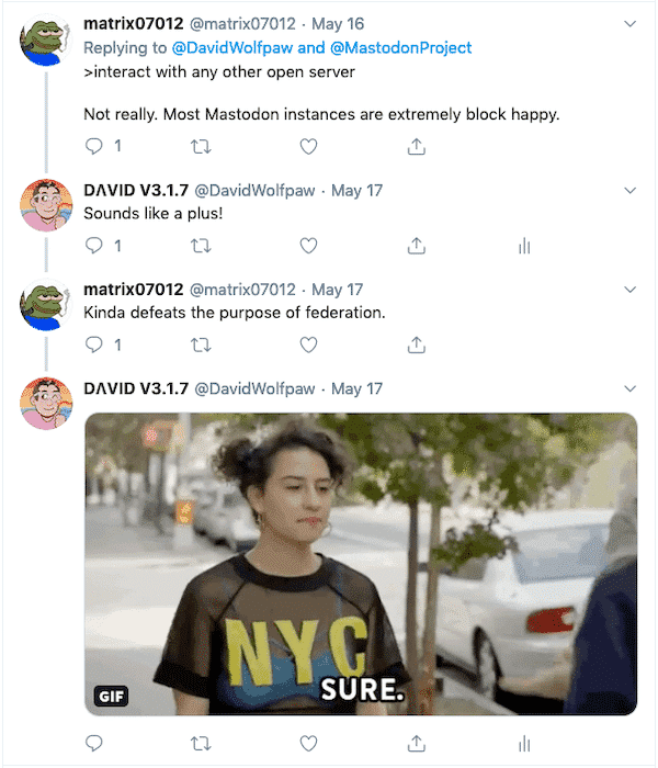 Screenshot of Twitter thread about Mastodon instances blocking other instances.