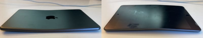 a top and bottom picture of an ipad mini that has been bent